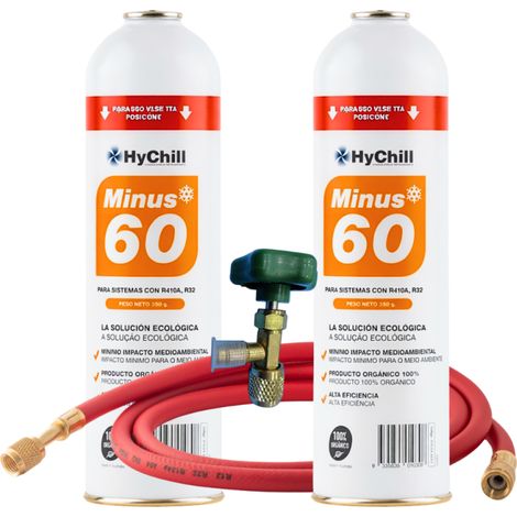 Pack 2 Minus 60 350g  Sustituto Orgánico R410A R32  Kit con Llave y Manguera  Gas Ecológico para Climatización