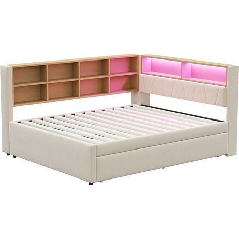 Cama tapizada 140x200 cm con cama nido 90x190 cm LED almacenaje y puertos de carga beige (1/5)