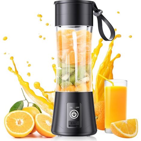 Blender portable - Idéal pour les smoothies et milkshakes - Bol mélangeur motorisé - Mini extracteur de jus - Blender avec pichet - Idéal pour les pique-niques, le sport, la maison et le bureau - Noir