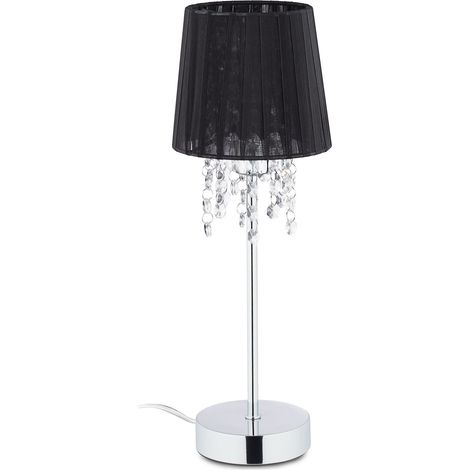 Relaxdays Lámpara Mesa Negra, Pantalla Tela Organza, Decoración Cristal, Base Redonda, Luz Mesita Noche, Negro Plateado