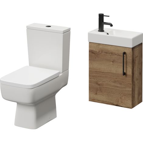 Napoli Cube Tobacco Oak 400mm Single Door Wall Mounted Vanity Unit and Toilet Suite with Align Basin - 400mm - Matt Black 160mm Handle