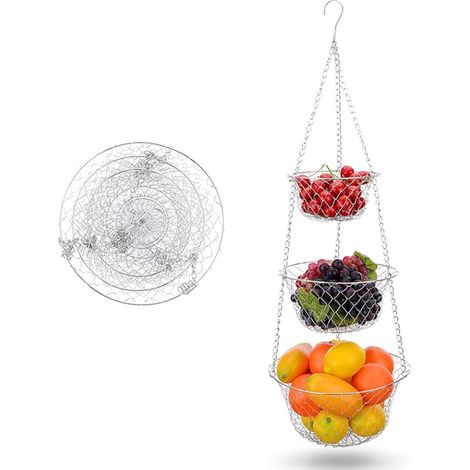 Hanging Fruit Basket, Hanging Fruit Baskets with 3 Levels, Metal Hanging Fruit Basket, Kitchen Storage Bowls, Organizer Basket for Fruits, Vegetables, Bread Plants, Silver (1/5)