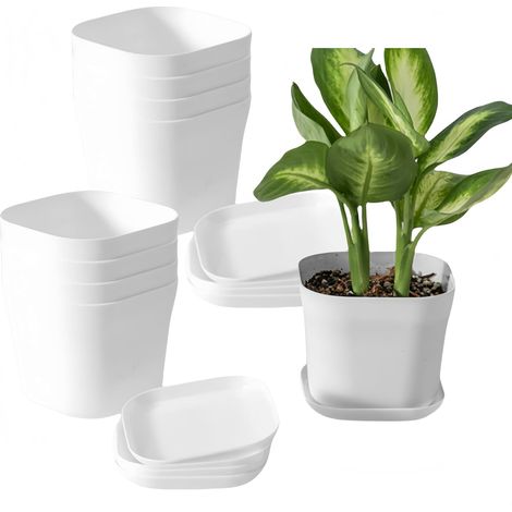 Lot de 10 pots de fleurs en plastique - Auto-arrosage avec soucoupe - Diamètre : 10 cm - Convient pour l'intérieur et l'extérieur - Blanc (1/5)