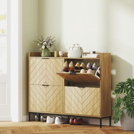 Design Porte-chaussures étroit avec 4 tiroirs pliables et surface surélevée pour 16 paires de chaussures en chêne à espaces réduits