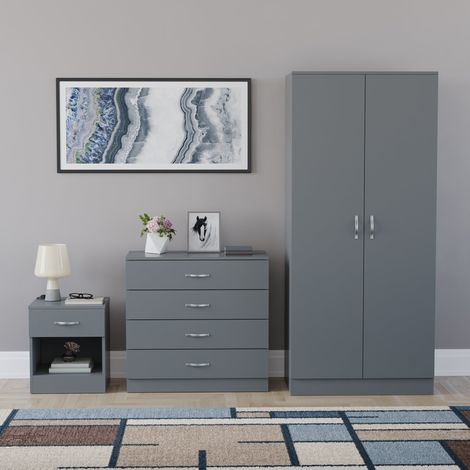 Riano 3 Piece Bedroom Set (1 Drawer Bedside Chest, 4 Drawer Chest, 2 Door Wardrobe), Grey (1/5)