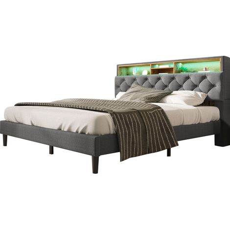Letto matrimoniale 140x200 cm in legno e lino grigio con LED e contenitore - CHICFURN (1/5)