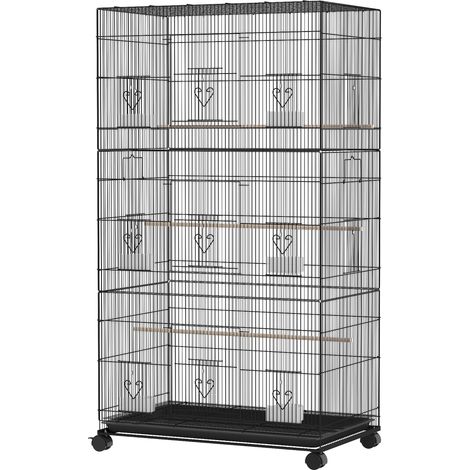 Grande Cage à Oiseaux sur Roulettes en Acier, Plateau Amovible, Portes, Perchoirs, Mangeoires, 77x46,5x141cm, Noir (1/5)