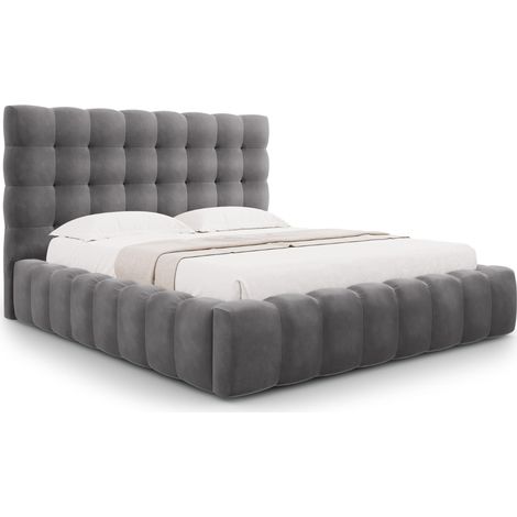 Lit coffre avec tête de lit 140x200cm en velours gris (1/5)