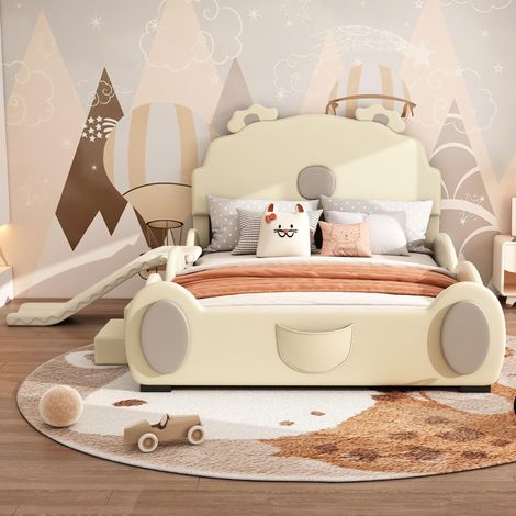 Lit enfant 140x200 cm en forme d'ours, avec toboggan et échelle, rembourrage PU beige, structure MDF, sommier à lattes inclus (1/5)