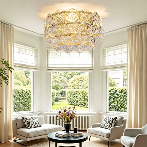Ventilateur de plafond avec lustre en cristal, Plafonnier ventilateur silencieux de pour salon, Métal et verre 50cm 6 vitesses avec télécommande, Doré et transparent (1/5)