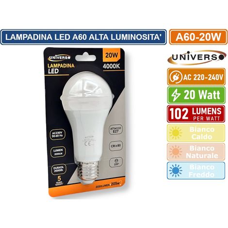 UNIVERSO A60-20W LAMPADINA SMD LED E27 20W BULB A60 2050 LUMEN - 3000K - 4000K - 6500K - Colore Luce:Bianco Freddo (1/2)