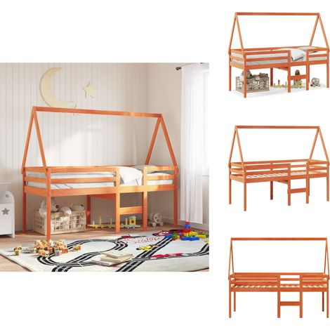 Lit haut sans matelas cire marron 90x200 cm bois de pin massif - Lit Enfant - Lit Surélevé - Lit Cabane - Lit Plateforme - Meuble Rangement (1/5)