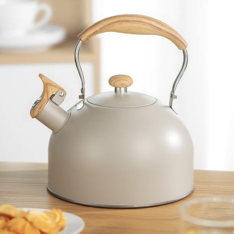 Bouilloire sifflante JeiibrZui - 2 litres - Acier inoxydable avec poignée en bois - Compatible gaz, induction et camping - Argent (1/5)