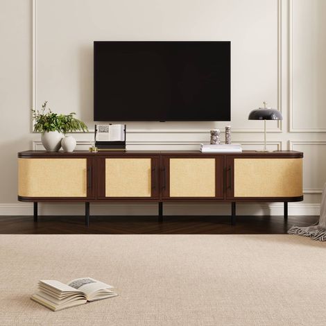 Meuble TV 180 cm, 4 portes effet tressé et étagères de rangement, en MDF et métal, pour salon, marron (1/5)