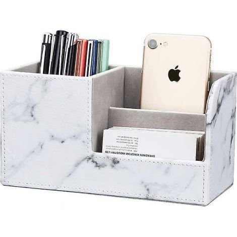 Organiseur de bureau en cuir PU, porte-stylo-crayons, porte-cartes de visite, porte-télécommande (motif marbre gris S) (1/5)
