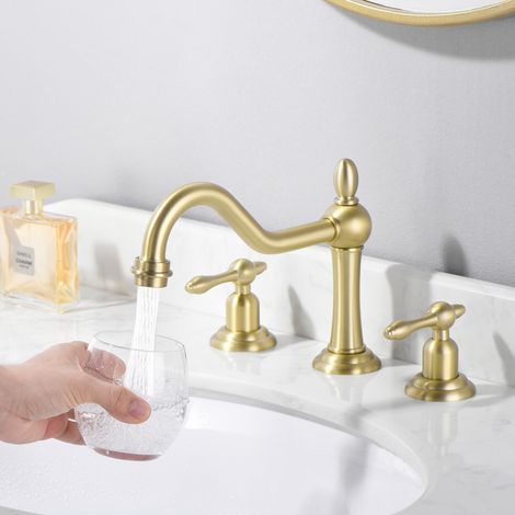 SUMERAIN Mitigeur de Lavabo Classique Or Brossé avec Bec Pivotant à 360° et Double Poignée, sans Plomb, Finition PVD Durable (1/5)