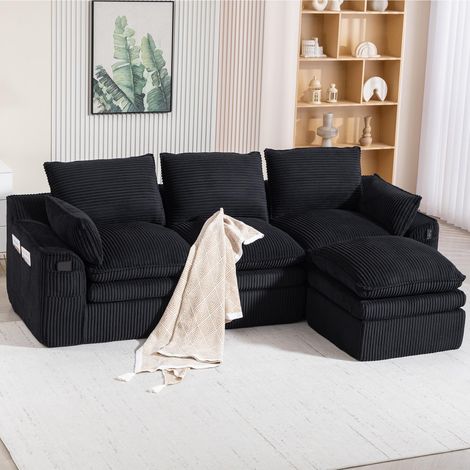 Canapé modulable 3 places noir en velours côtelé avec pouf, coussins et 2 poches latérales, mousse 3 couches et ressorts à retour rapide (1/5)