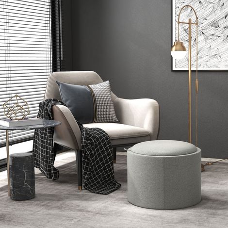 Poggiapiedi Rotondo con Contenitore, Coperchio Ribaltabile a Vassoio, Seduta Imbottita, MDF, Grigio 56 x 42 cm (1/5)