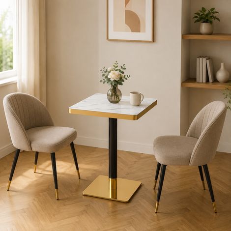 Quadratischer Esstisch 60 x 60 cm in Marmoroptik mit weißem Metallgestell (1/5)