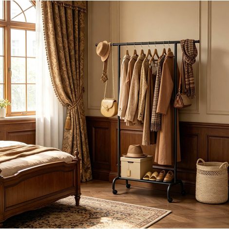 Dressing ouvert sur roulettes, barre extensible 84 à 124 cm, tablette basse, noir HAVRYA (1/4)