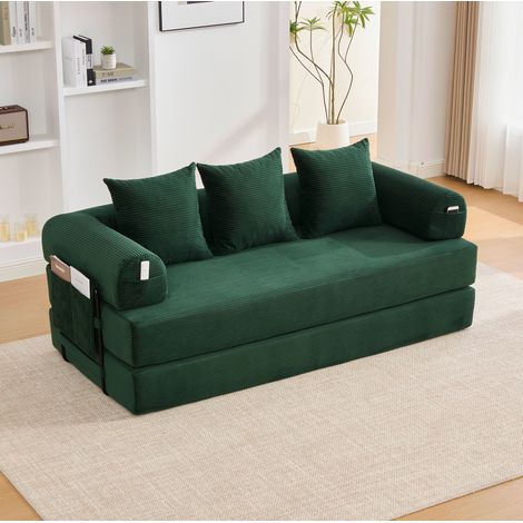 Sofá modular 200x94x67 cm con bolsillo lateral, 3 cojines, estructura metálica, terciopelo acanalado esmeralda - verde (1/5)