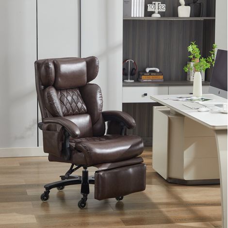 Sillón de oficina 88x70x112.5 cm marrón en cuero PU con masaje, calor y reposapiés (1/5)