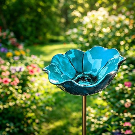 Bain d'oiseaux en métal sur piquet 60 cm – Motif floral – Abreuvoir pour oiseaux et abeilles – Décoration extérieure résistante aux intempéries (Bleu - 1 pièce) (1/5)
