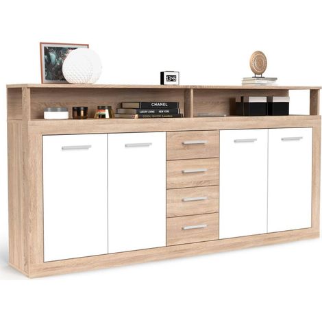 Paris Prix – Buffet 4 portes et 4 tiroirs 190cm – Style industriel – Panneau de particules mélaminé – Couleur naturel et blanc (1/2)