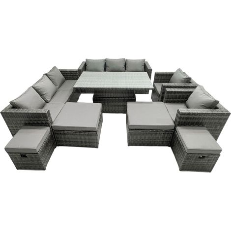Fimous Rattan Dining Table Sofa Set with 2 Armchair 4 Stools Outdoor 12 Seat Garden Furniture Set Dark Grey Mixed (1/5)