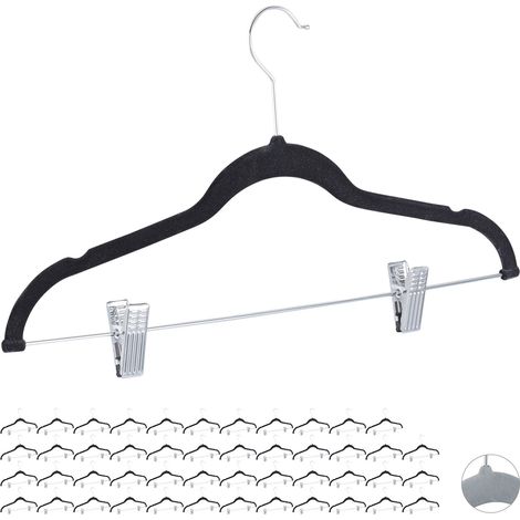 48x Cintres en velours, pinces clips manteaux pantalons robes vêtements, crochet 360°, 43 cm, antidérapant, noir