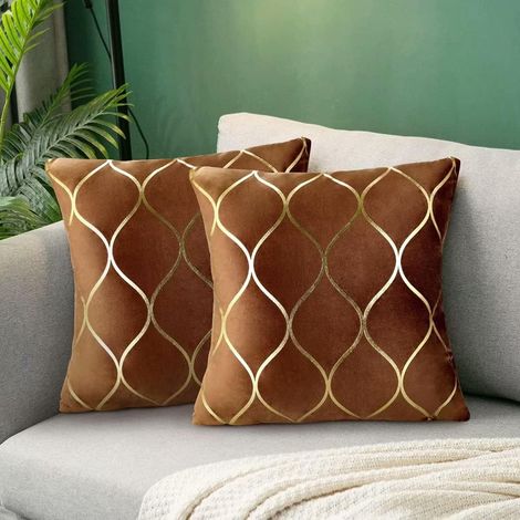 Marron motifs dorés housse coussin 40x40 cm lignes chics élégantes salon chambre, ensemble 2 taies carrées style contemporain
