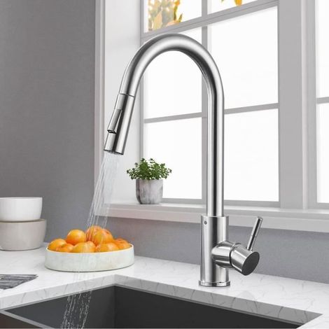 Robinet de Cuisine - Robinet Mitigeur - Rotatif à 360° - Douchette Extensible - 2 Modes de Pulvérisation - Nickel Bross