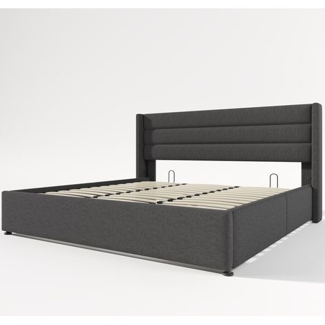 Letto contenitore imbottito 180 x 200 cm in lino grigio, rete in legno e telaio metallico MODENUIT (1/5)