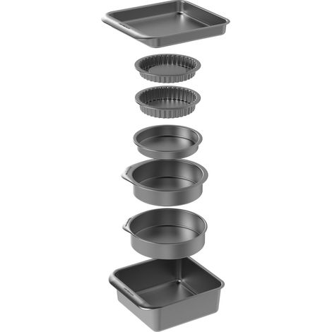 MasterClass Smart Space Bakeware Set 7 Piezas PTFE, PFOA y BPA Free Antiadherente y Apilable con Sartén para Asar, Bandeja para Brownie, 2 Sartenes Redondos, Sartén para Sándwich, 2 Platos para Quiche