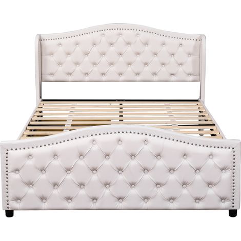 Letto imbottito 140 x 200 cm con rete a doghe, 2 cassetti, testiera capitonné, bianco - HOMVRA (1/5)