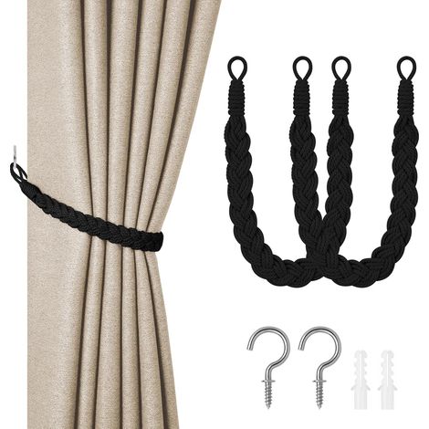 Attaches de rideaux noires, tissées main, corde tricotée, accessoires déco intérieur/extérieur. (1/5)