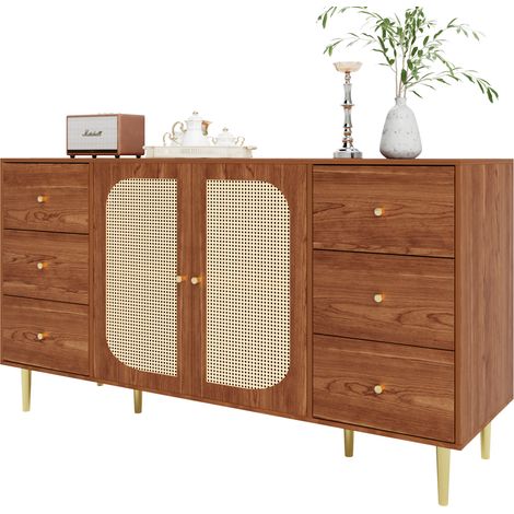 Buffet de rangement en MDF avec 6 tiroirs et 2 portes tressées, 160 x 40 x 90 cm, pour cuisine, salon ou couloir, style moderne, coloris bois – CHICFURN (1/5)