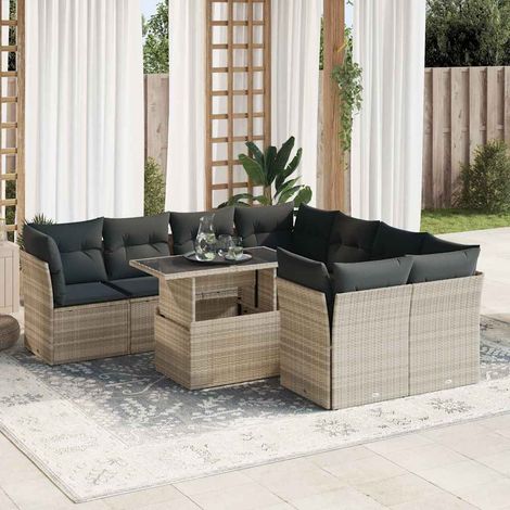 Set muebles jardín 9 pzas y cojines ratán sintético gris claro vidaXL (1/5)