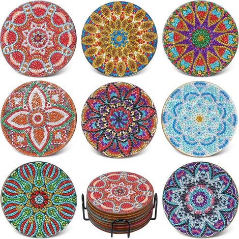 Lot de 8 dessous de verre en céramique 5D DIY - Dessous de verre - Décoration boho - En bois avec support - Convient pour verres à vin-B