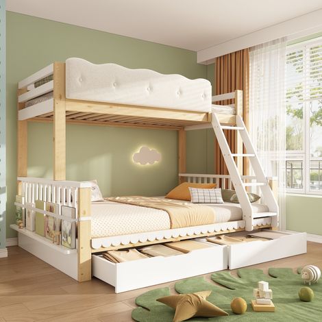 Letto a castello 90x200/140x200 cm bianco e rovere in legno con cassetti e portariviste (1/5)