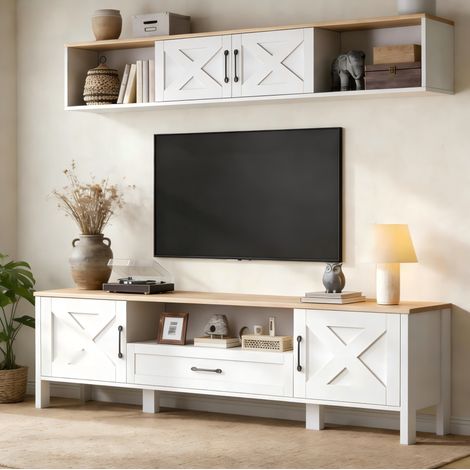 meuble tv set 180x40x50 avec rangement MDF blanc OKMYHOME (1/5)
