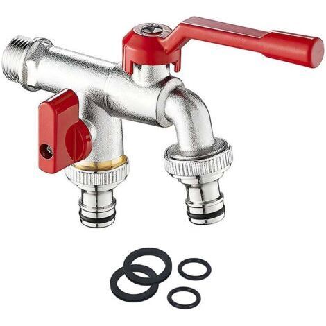 Doppelter Gartenwasserhahn – 3/4"-Messing-Wasserhahn, Außenwandhahn mit 2 x 3/4"-Auslässen für Garten, Waschmaschine, Regentonne, rostfrei und frostbeständig (1/5)