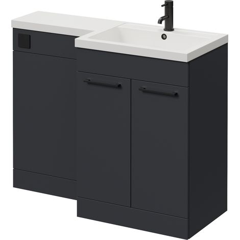 Napoli 460 Gloss Grey 1100mm 2 Door Vanity Unit Toilet Suite with Right Hand Square Lucia Basin - 1100mm - Matt Black 160mm HandleWithout Kingston Toilet Pan
