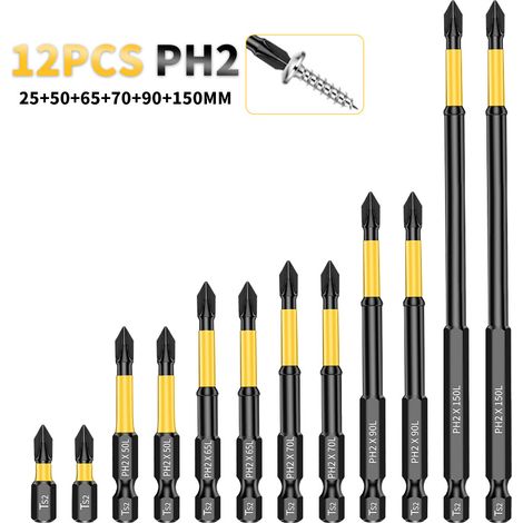 12-teiliges Set hochfester gelber Schlagschrauber-Bits – PH2-Kreuzbits aus S2-Stahl, komplettes Zubehörset für Elektrowerkzeuge (1/5)