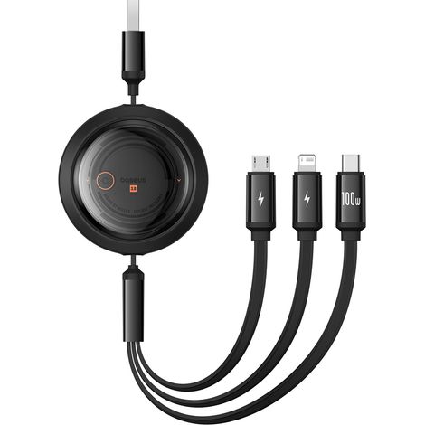 3-in-1-Einzugskabel USB-A – Micro-USB/Lightning/USB-C 100 W 1,1 m – Schwarz (1/5)
