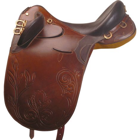 Sella Australiana senza pomo in cuoio ingrassato con sottopancia Sassinga staffe staffili: 18", Marrone