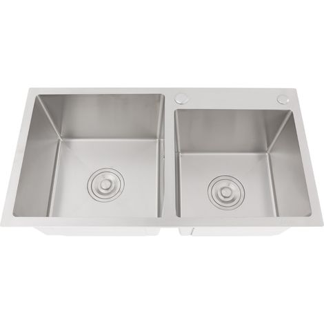 Fregadero de cocina de doble cubeta en color plateado, de acero inoxidable, doble cubeta de 75 x 40 cm, para empotrar bajo encimera, con tapón y rejilla de desagüe en color plateado (1/5)