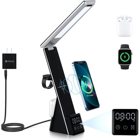 Lampe de bureau LED 4 en 1, 3 modes Lumière réglable, Affichage numérique, Horloge, Charge rapide QI Sans fil, Chargement du téléphone, Casque, iWatch, AirPods, Noir