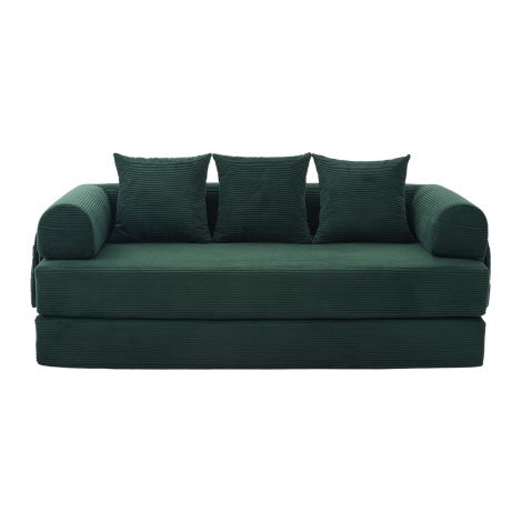 Sofá cama, sofá de 3 plazas, bolsillo lateral y 3 cojines, de terciopelo acanalado (pana) con estructura de metal, esmeralda (1/5)