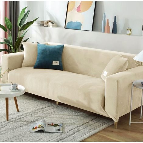 Housse pour canapé d'angle 4 places, velours crème (1/5)